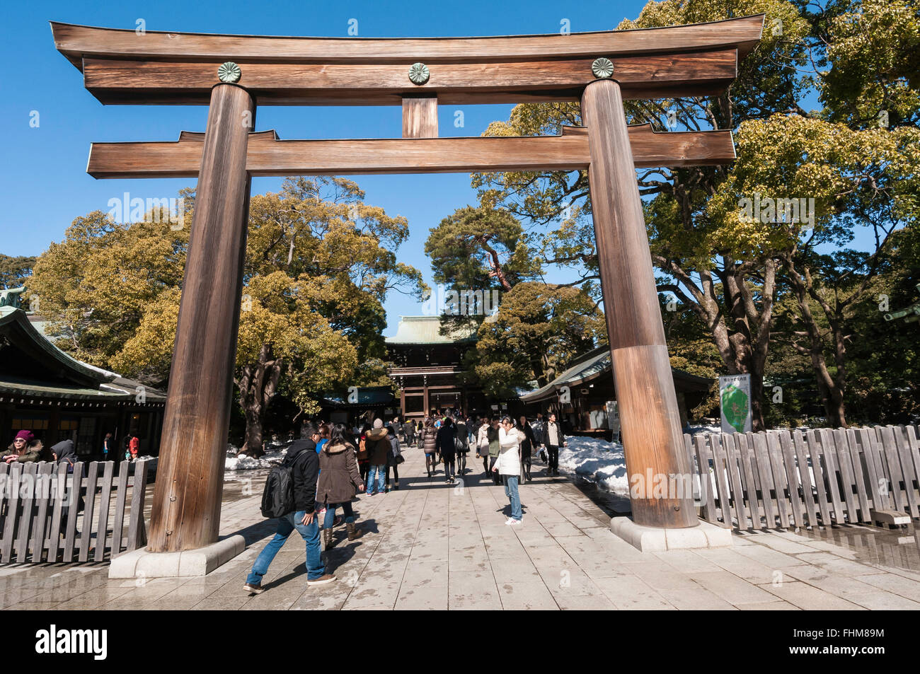 Torii at entrance to Meiji Shrine, Shibuya, Tokyo, Japan Stock Photo