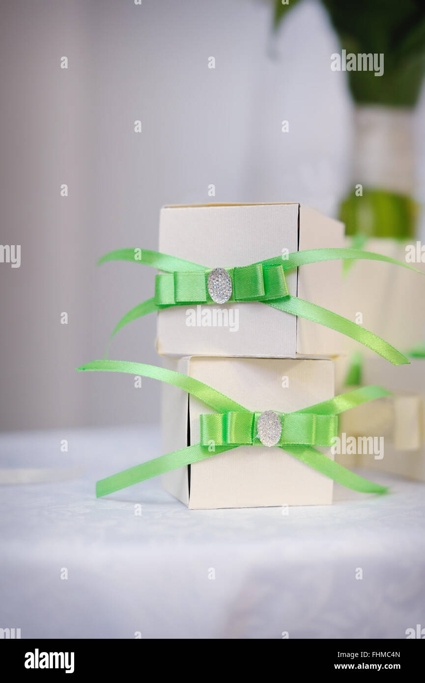 two boxes, gift with green bow Stock Photo