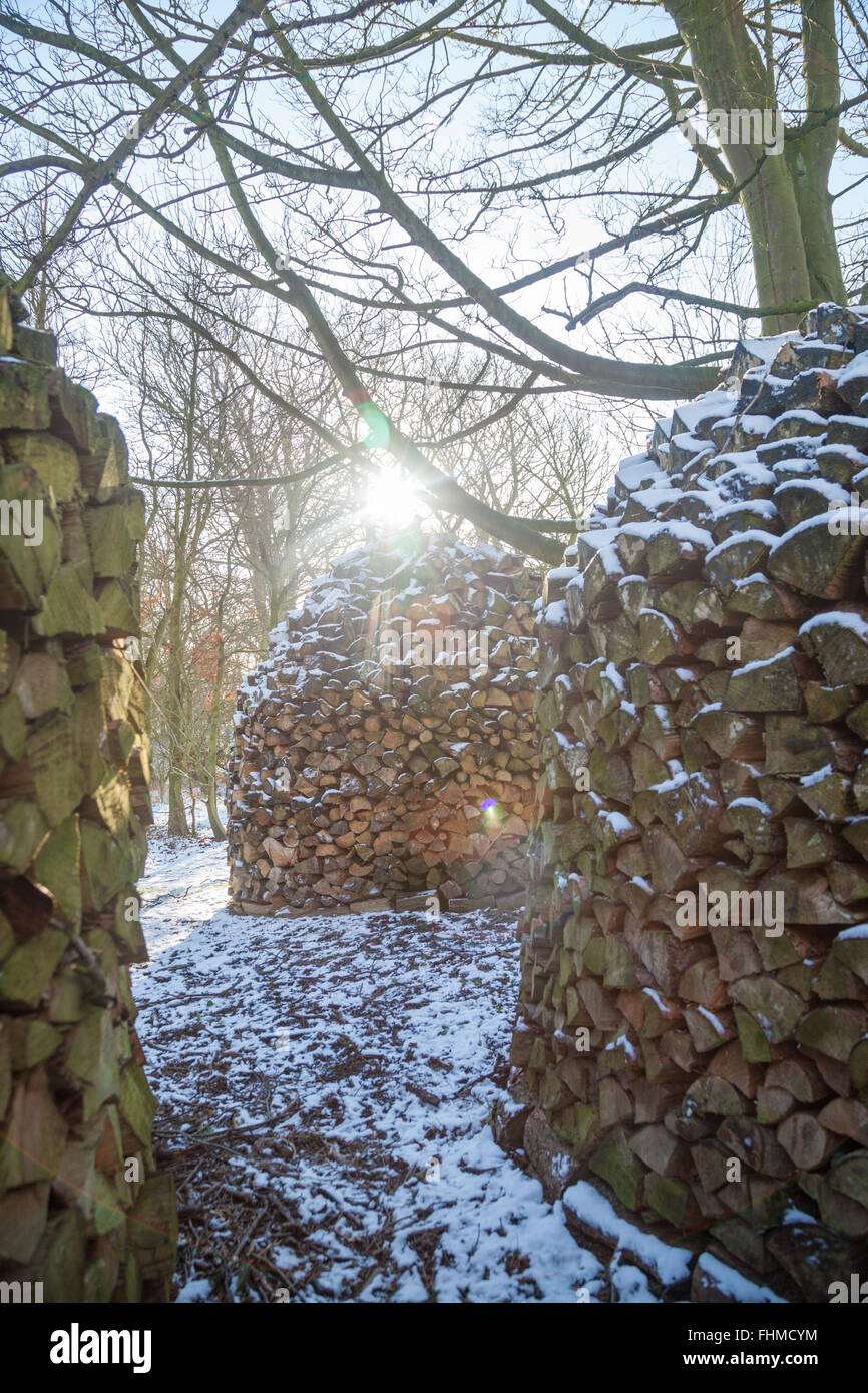 Holz Hausen wood stacks in a Garden in Fife Scotland. Stock Photo