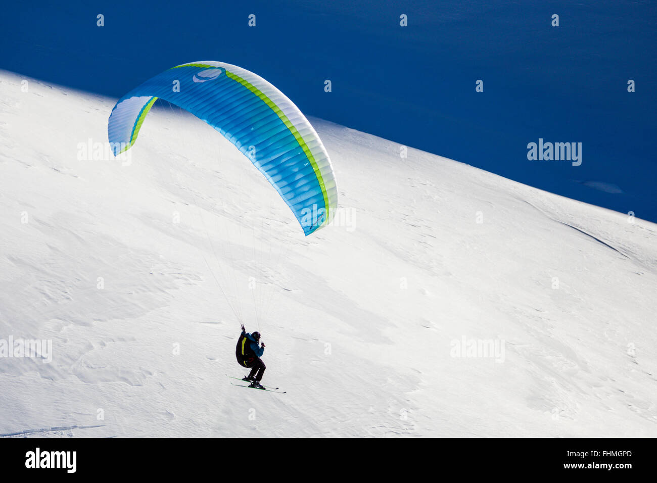Paragliding with Ski, Sulden Skiing Area, South Tyrol, Italy Stock Photo