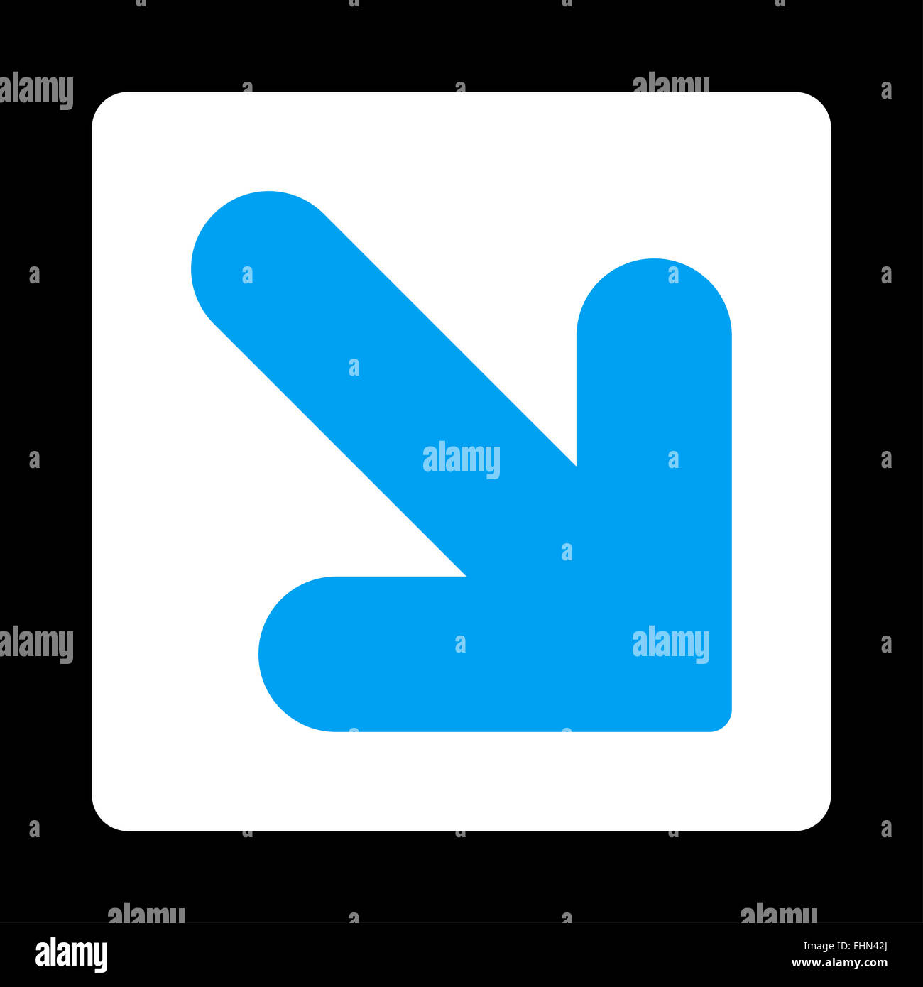 Arrow Down Right flat blue and white colors rounded button Stock Photo ...