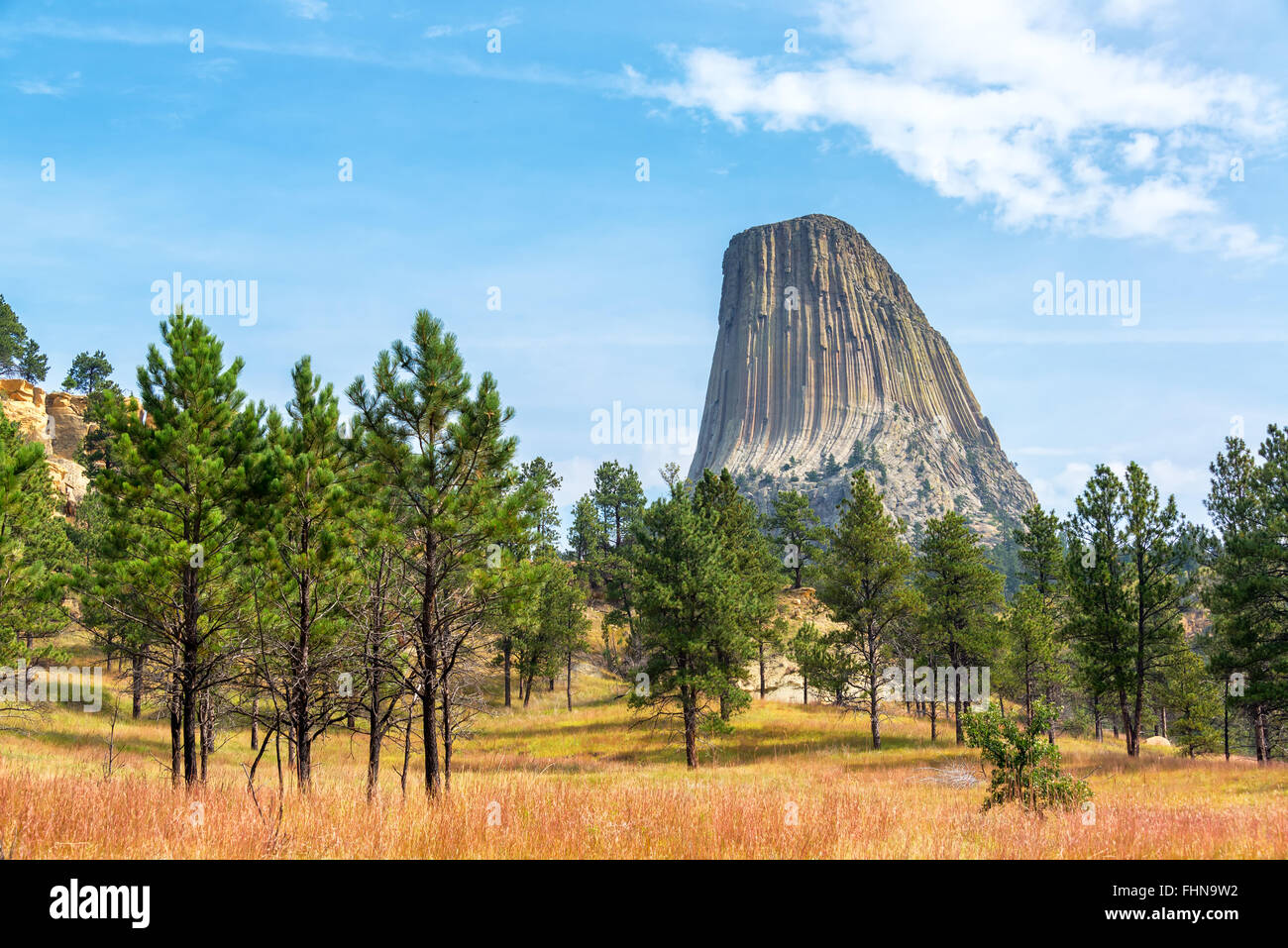 Dramatic View of Devils Tower in Wyoming Stock Photo