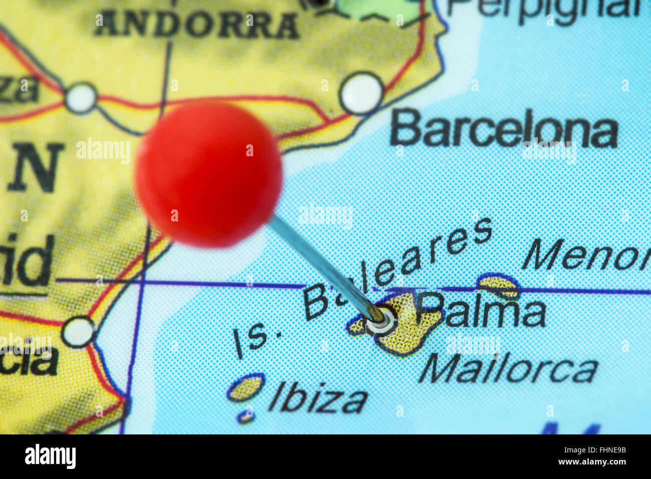 Close-up of a red pushpin in a map of Palma, Spain. Stock Photo