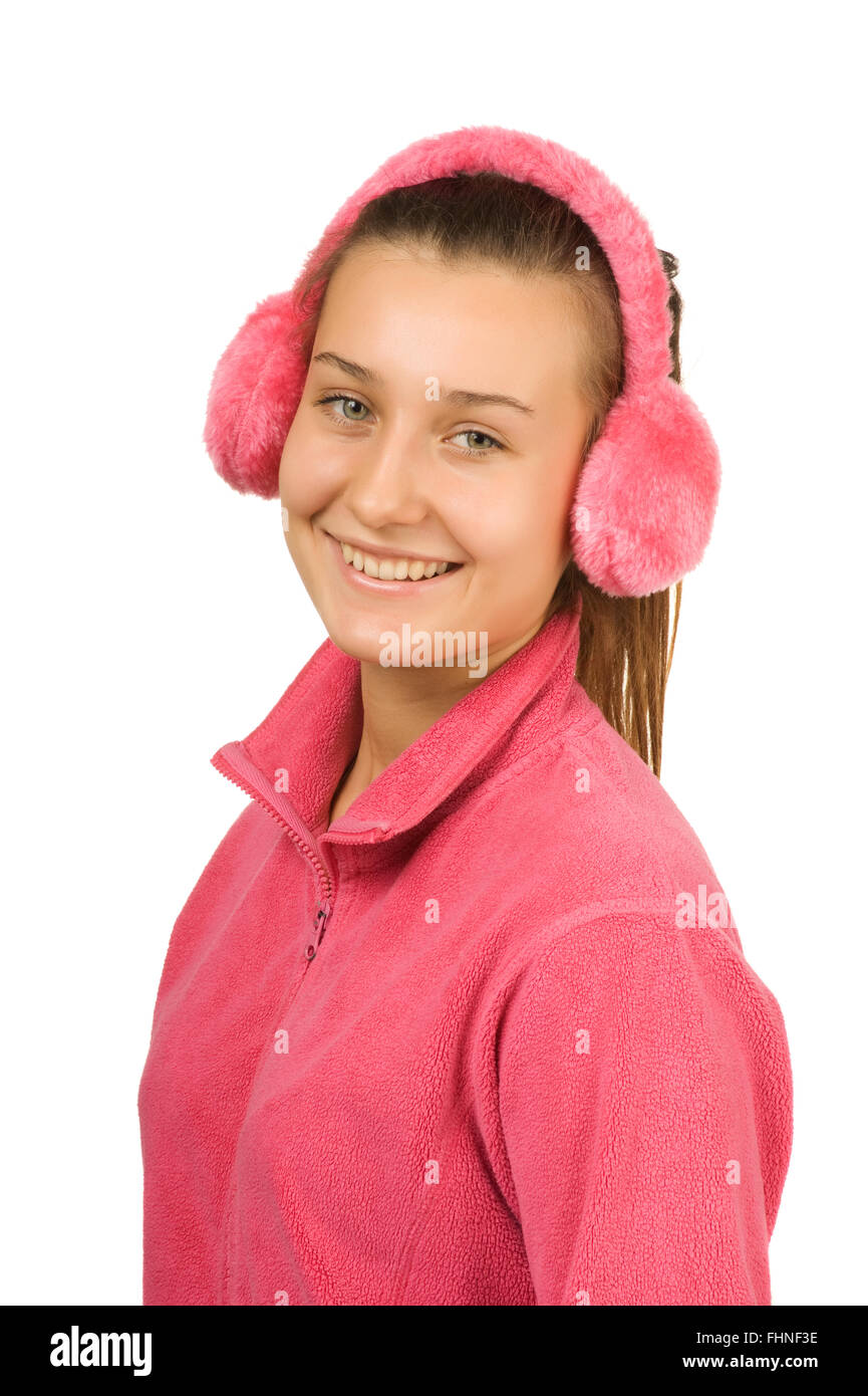 happy girl teen in pink headphones Stock Photo