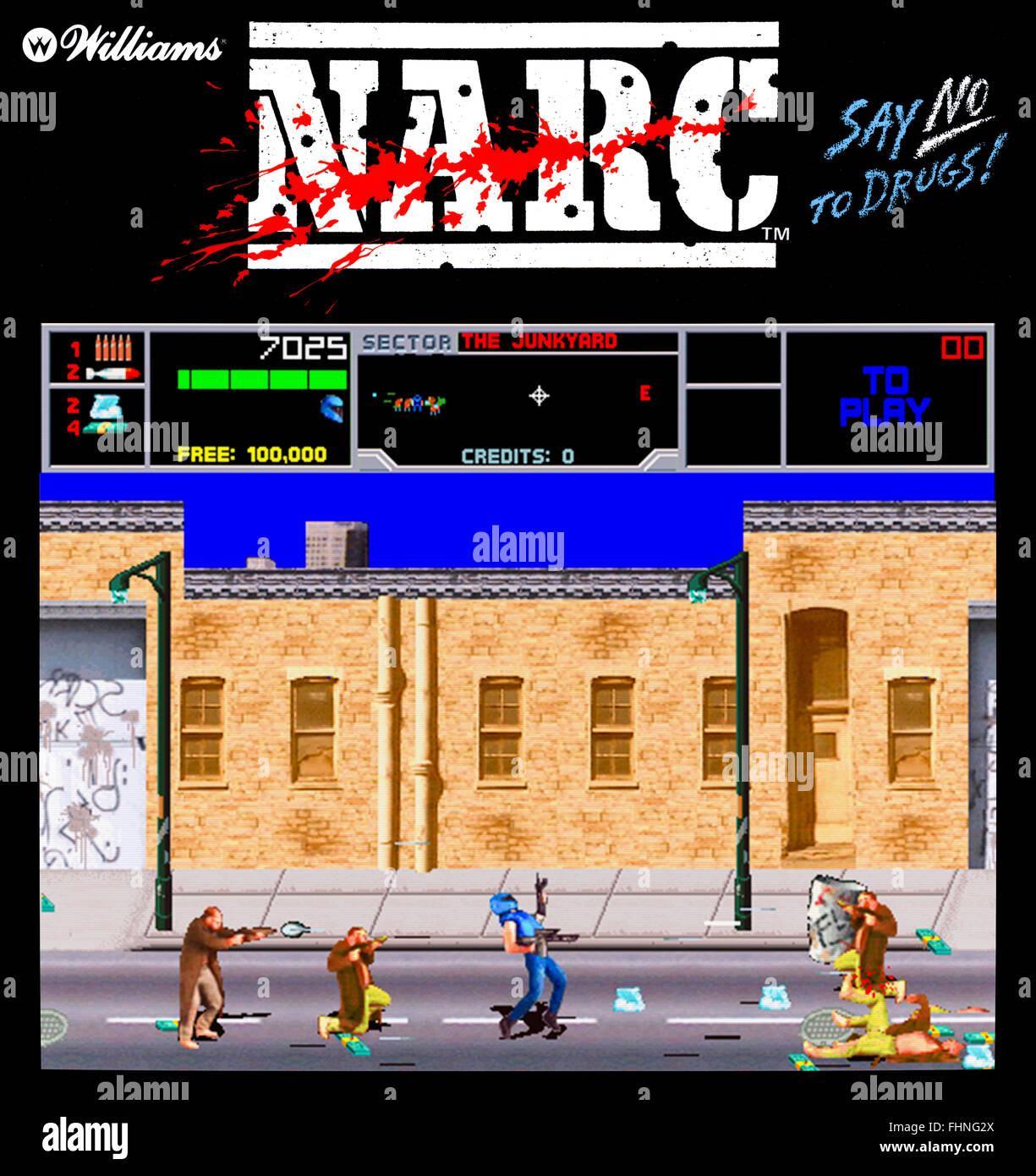 'Narc' arcade game produced by Williams in 1988 featuring the anti-drug slogan 'Say No to Drugs'. Image shown is a composite image showing gameplay and the arcade machine marque. Stock Photo