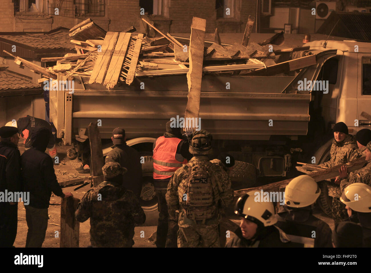 Kiev, Ukraine. 25th Feb, 2016. Ukrainian rescuers attend a rescue ...