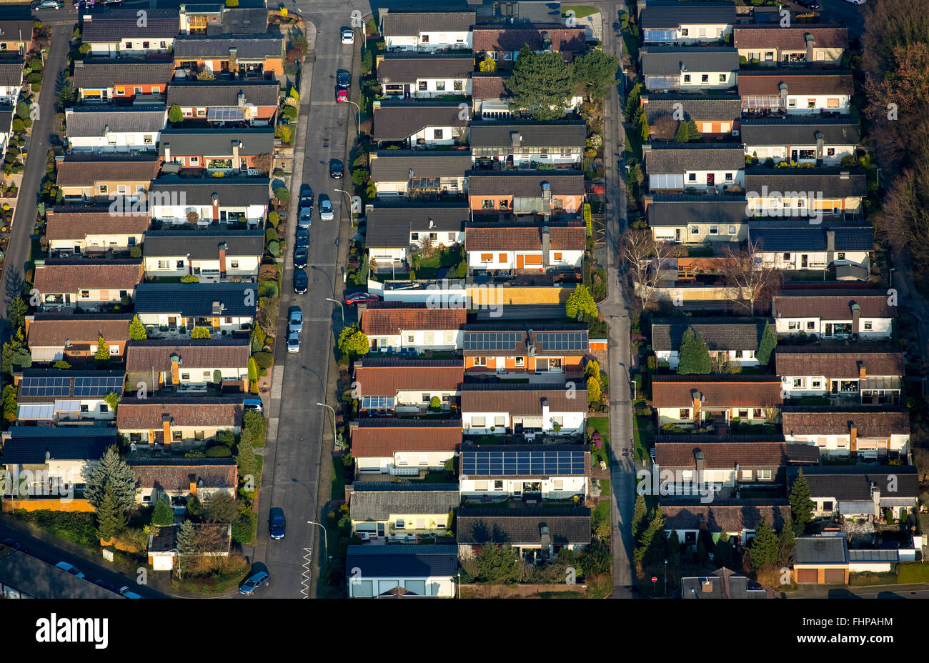 Aerial view,bungalows with tiled roofs on Detmold ring, cottage settlement, Wanne-Eickel, Herne,Ruhr area,North Rhine Westphalia Stock Photo