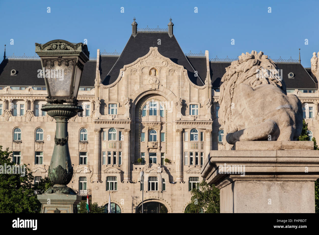 Gresham Palace Budapest Lion Chain Bridge Stock Photo