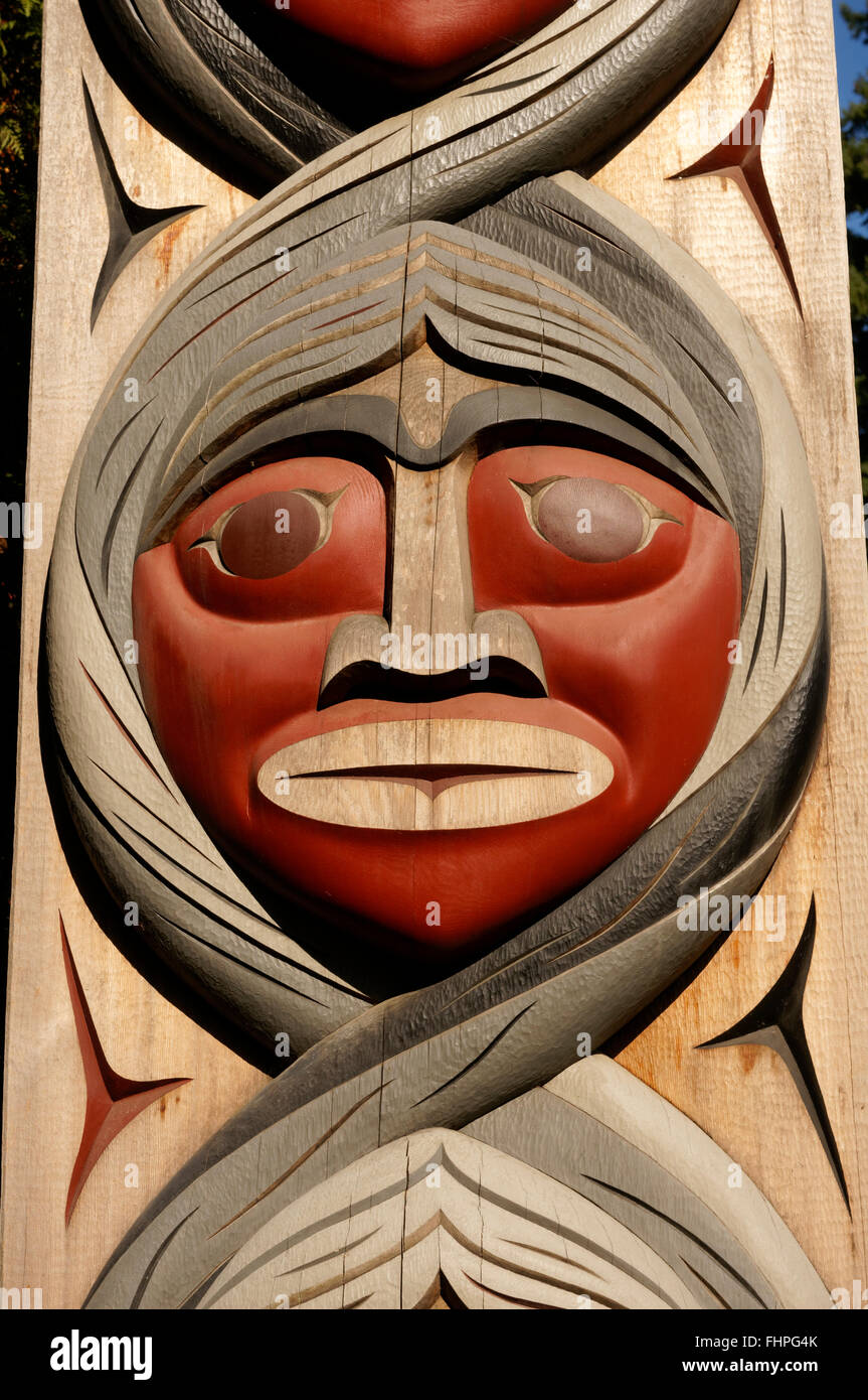 Closeup of Coast Salish First Nation wood carving, Brockton Point, Stanley Park, Vancouver, BC, Canada Stock Photo