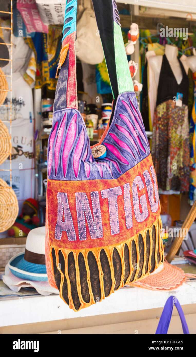 Colourful souvenir Antigua embroidered beach tote bag for sale at