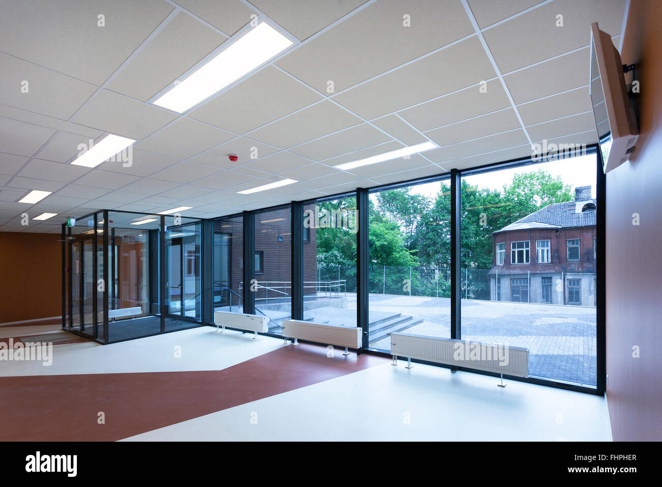 Estonia, Tartu, Heino Eller's Music school, empty corridor, large windows Stock Photo