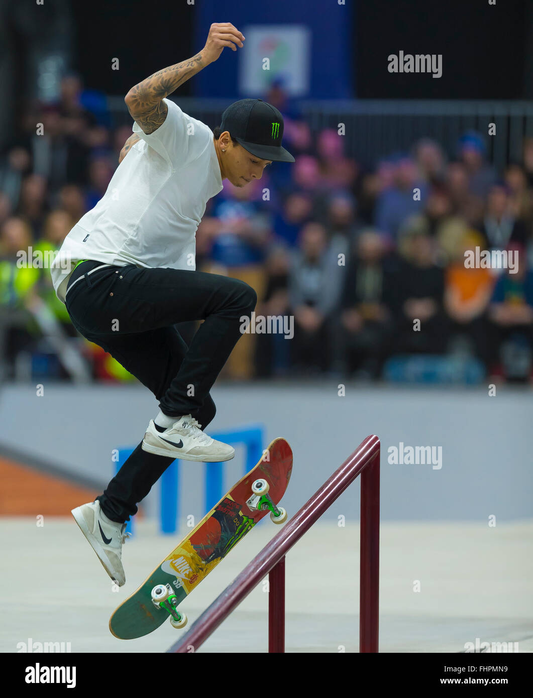 Oslo, Norway. 25th February, 2016. 25.02.2016. Warehouse 13 Oslo, Norway. X  Games Oslo 2016. Mens Skateboard final. Nyjah Huston of United States  competes in the men's skateboard street final during the X