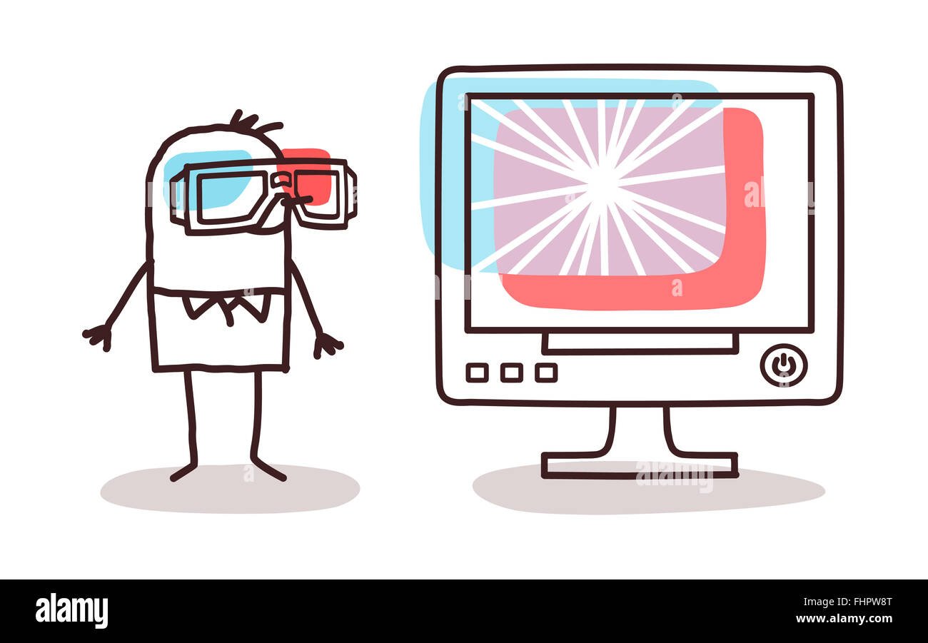 man watching computer screen with 3D glasses Stock Photo