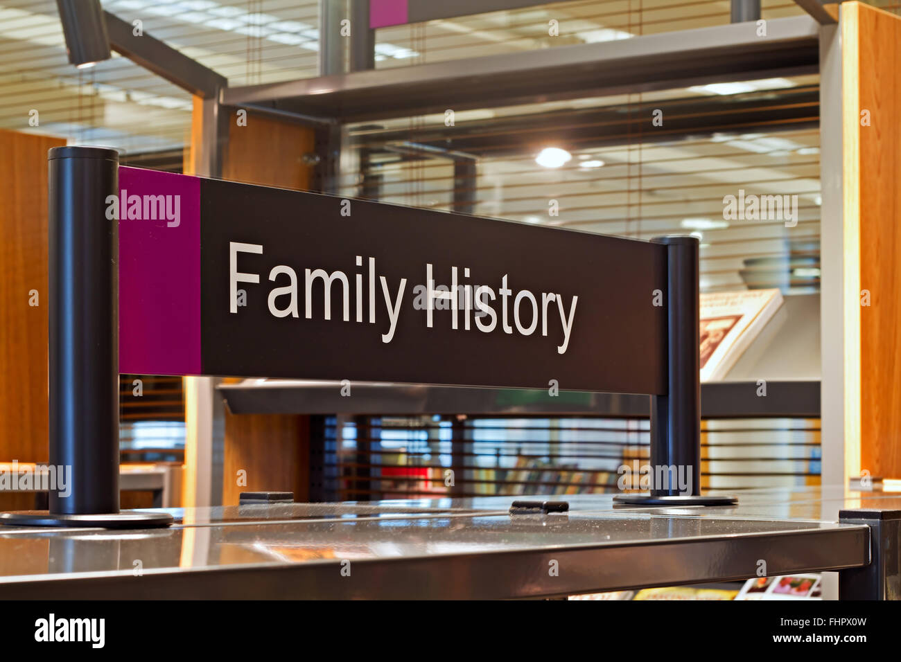 Family History section sign inside a modern public library Stock Photo