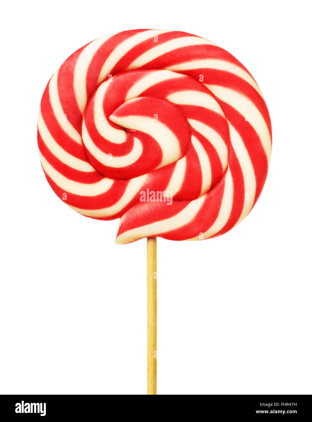 Red and white round spiral lollipop isolated on a white background Stock Photo