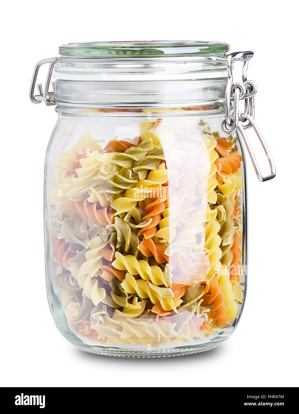 Multicolor pasta in a jar isolated on white background Stock Photo