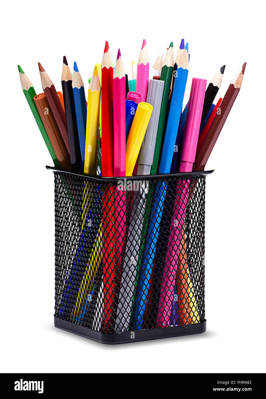 https://c8.alamy.com/comp/FHR482/close-up-color-pencils-and-markers-in-metal-glass-on-white-background-FHR482.jpg