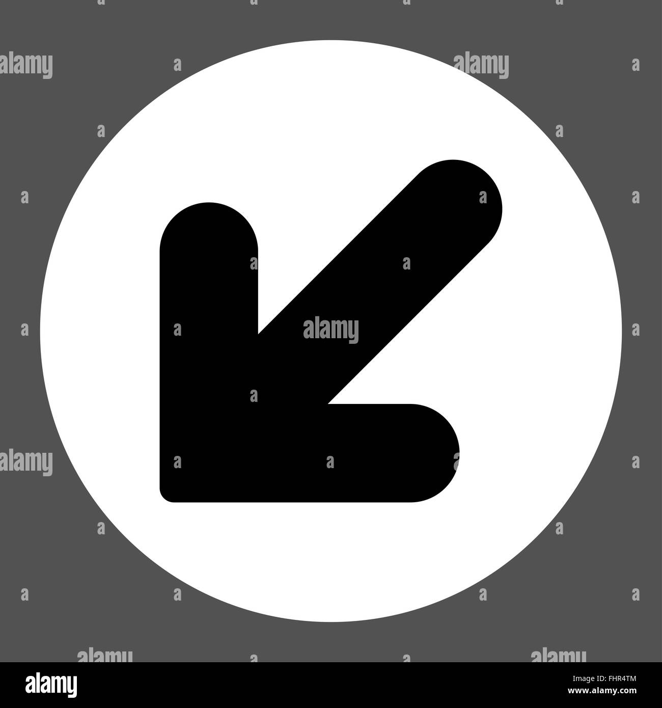 Arrow Down Left flat black and white colors round button Stock Photo ...