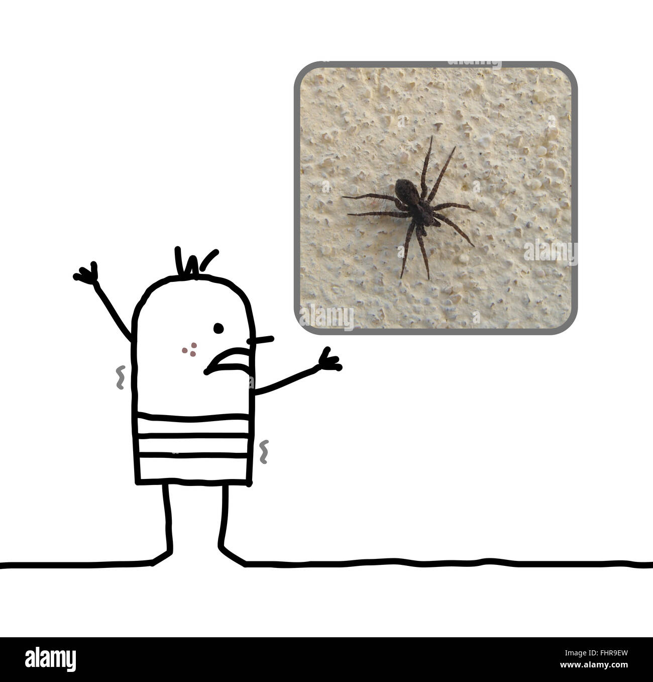 cartoon man frightened with a spider Stock Photo