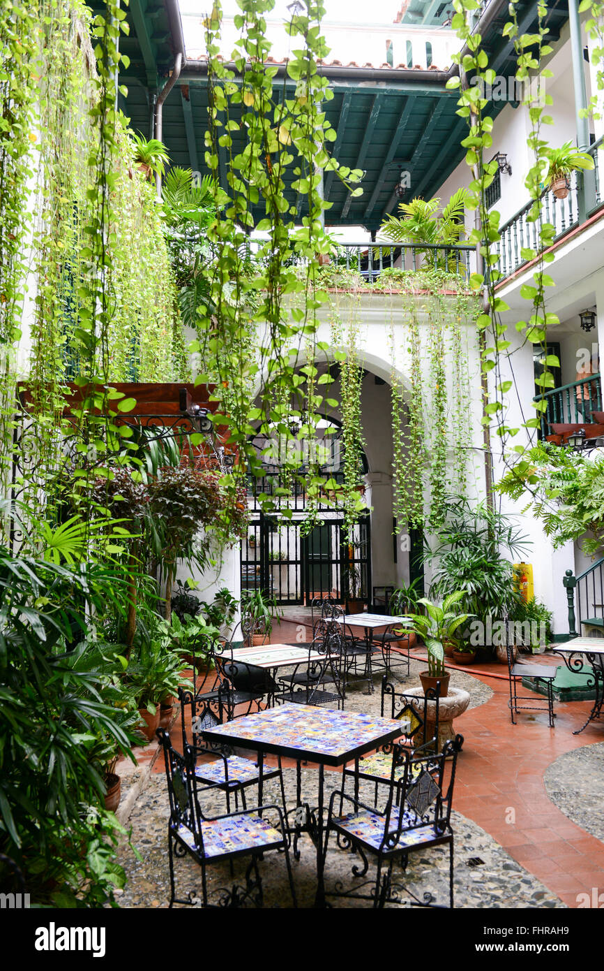 Havana, Cuba - 27 January 2016: restaurant on a patio of a colonial house at Old Havana, Cuba Stock Photo