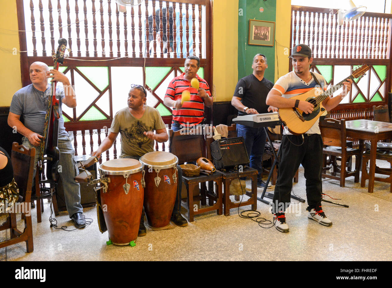Havana, Cuba - 27 January 2016: Traditional music band playing for tourists in a restaurant of Old Havana on Cuba Stock Photo