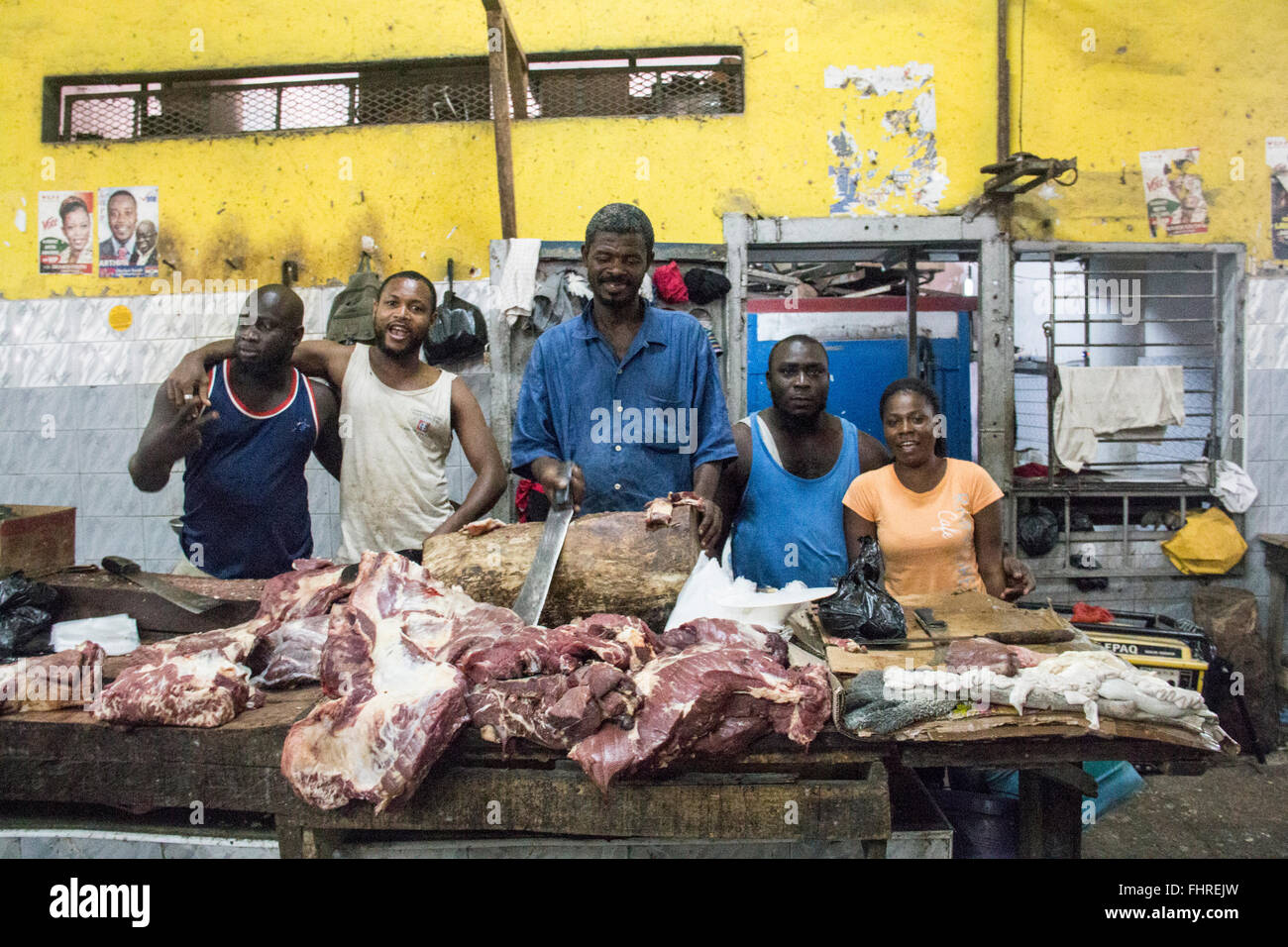 ACCRA, GHANA JANUARY 2016 Butchers preparing and selling the meat in Accra, Ghana Stock Photo