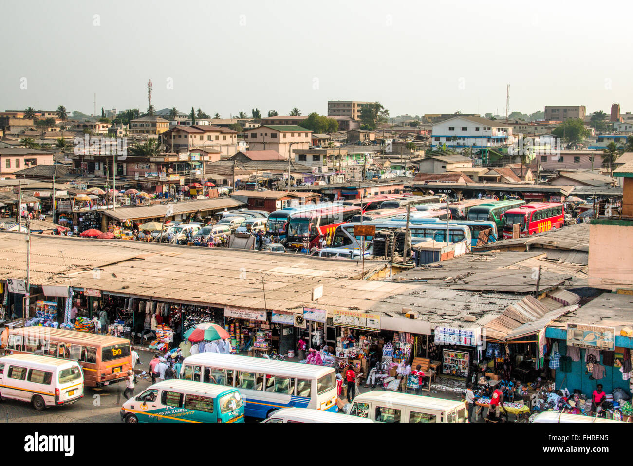 ACCRA, GHANA - JANUARY 2016: The bus and tro-tro station at Kaneshi market in Accra, Ghana Stock Photo