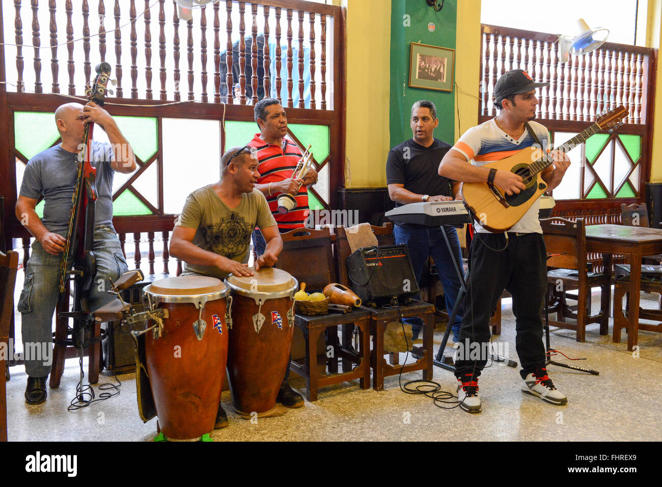 Havana, Cuba - 27 January 2016: Traditional music band playing for tourists in a restaurant of Old Havana on Cuba Stock Photo