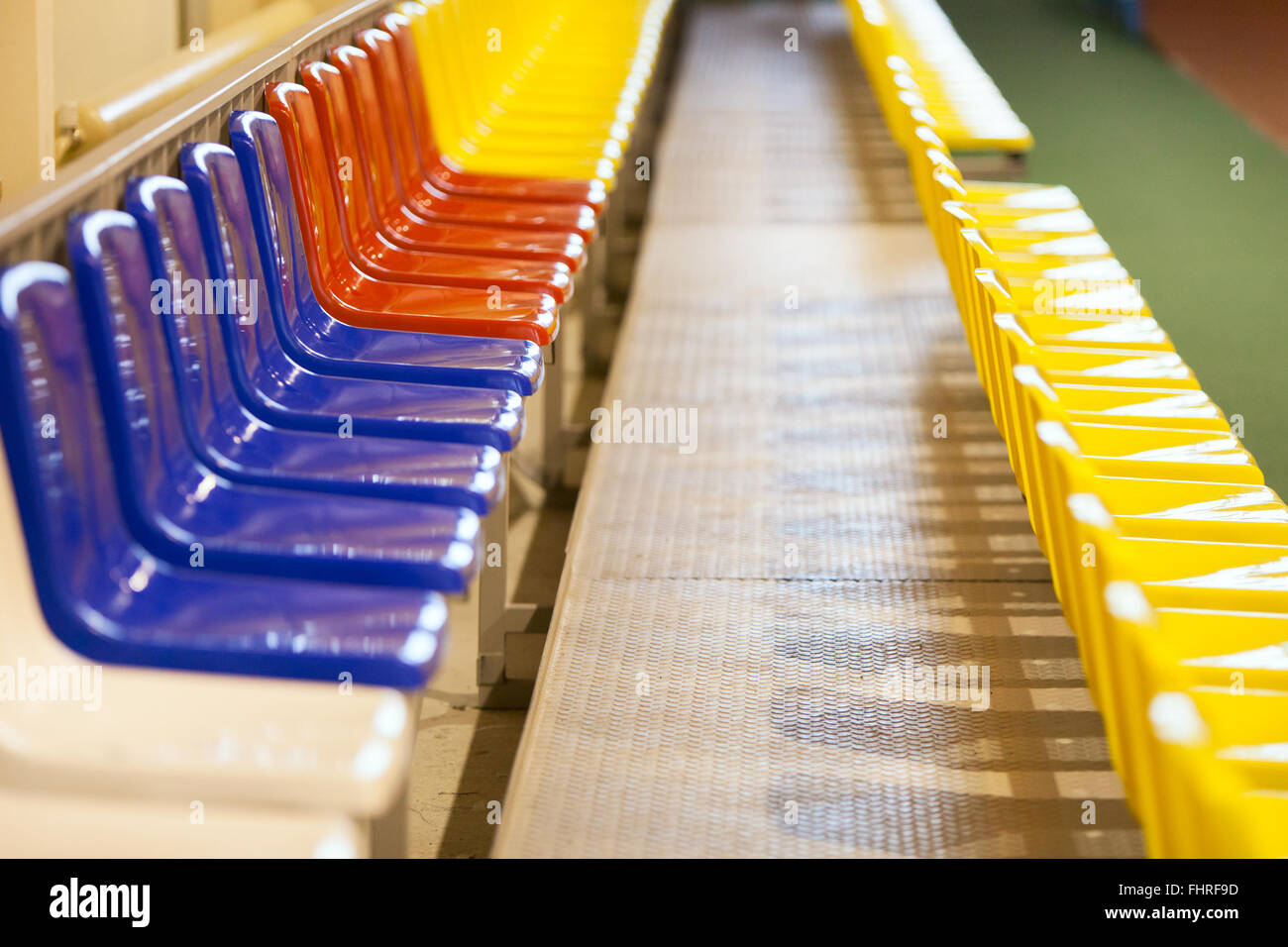 Colored seats at a stadium in the room Stock Photo Alamy
