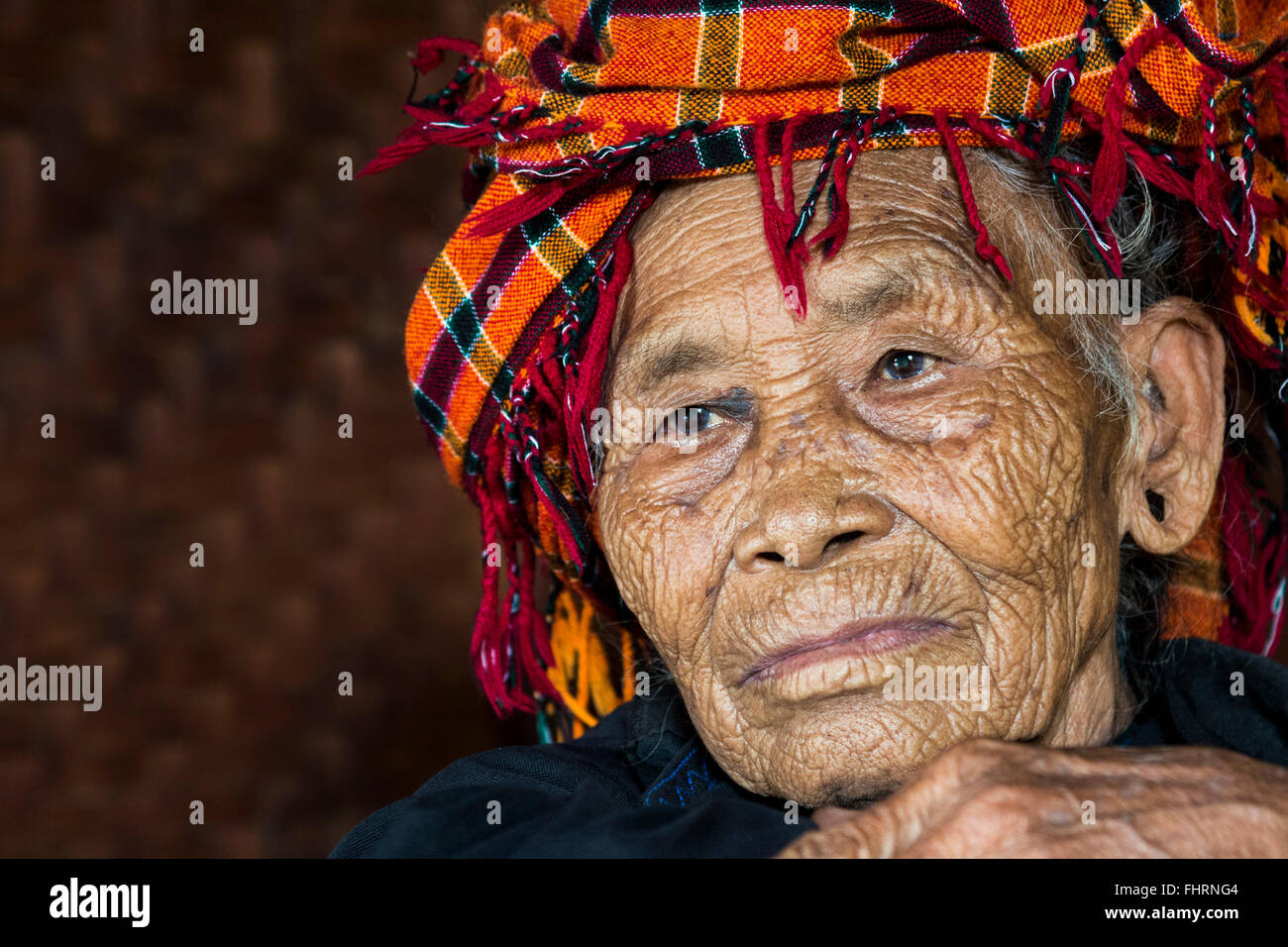 Old woman of mountain tribe or mountain people Pa-O or Pa-Oh or Pao or Black Karen or Taungthu or dew-soo, ethnic minority Stock Photo