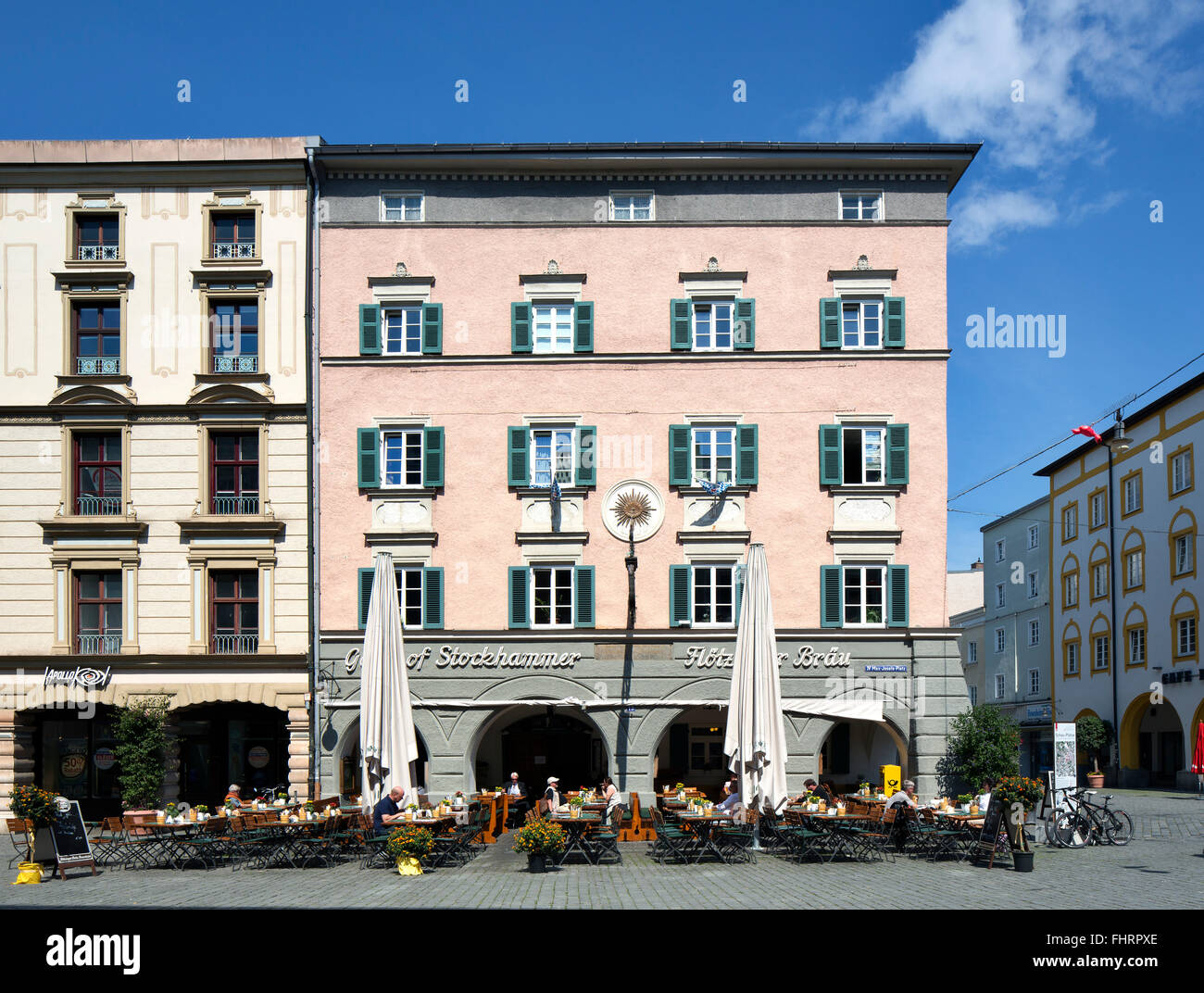 Historic residential and commercial buildings at Max-Josefs-Platz, pedestrian zone, downtown, Rosenheim, Upper Bavaria, Bavaria Stock Photo