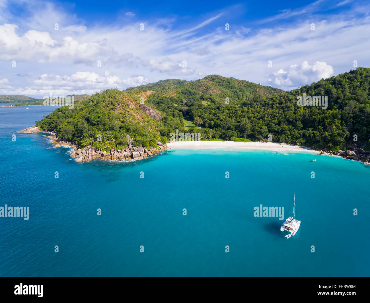 Seychelles, Praslin, Anse Georgette, catamaran, aerial view Stock Photo