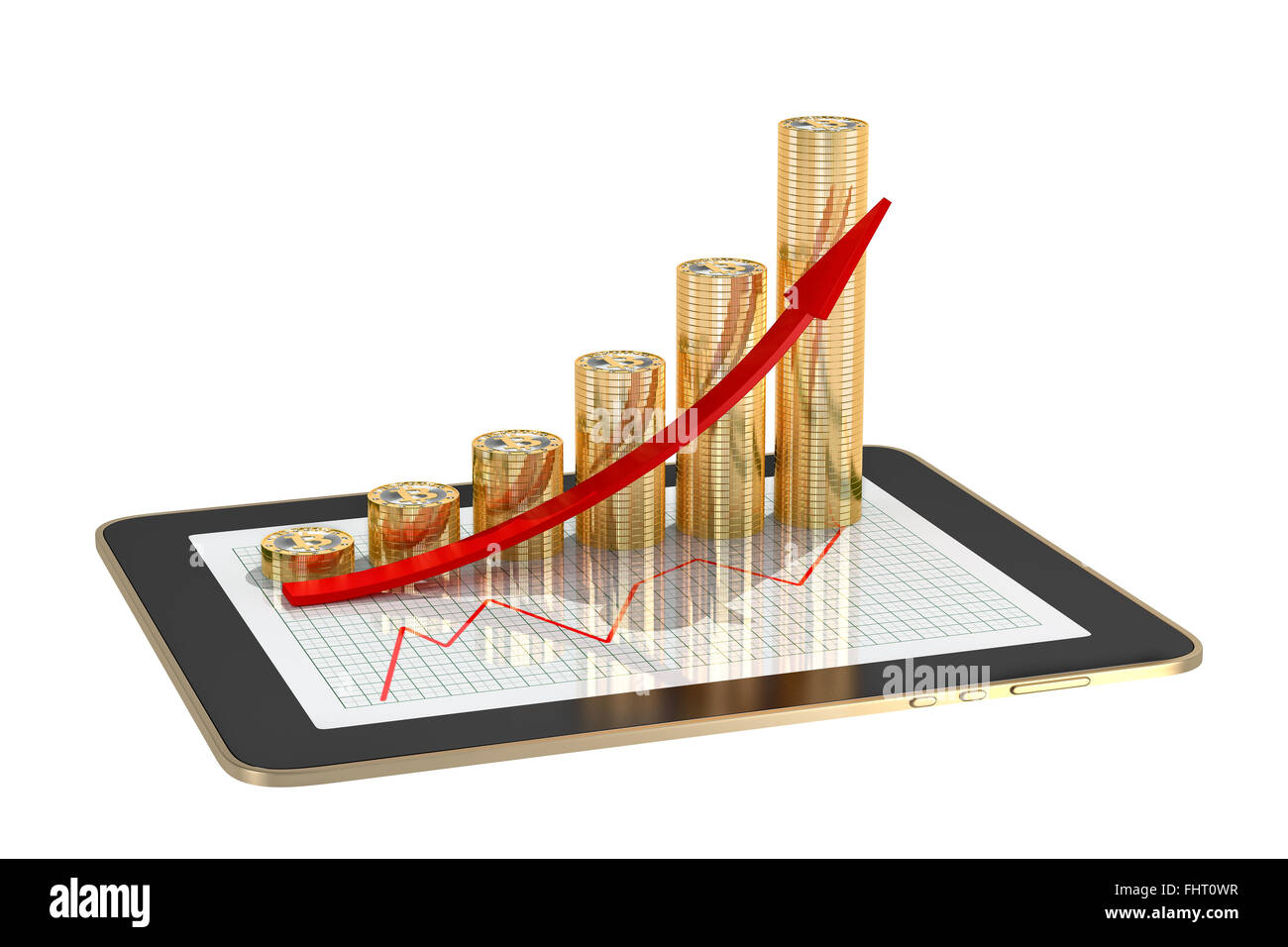 tablet - bar graphs made from bitcoins showing profit grow Stock Photo