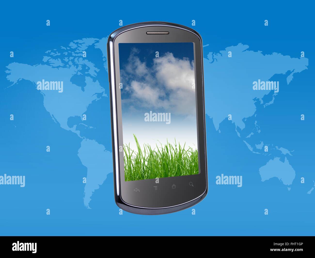 A modern smart phone on a world map Stock Photo - Alamy