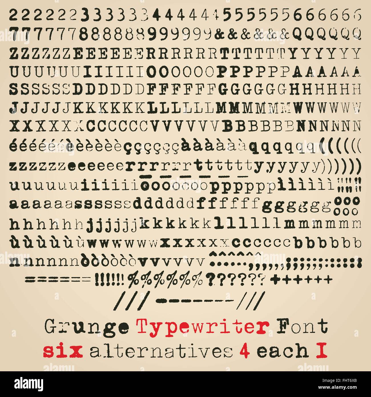 Grunge typewriter font. Six alternatives for each glyph Stock Vector