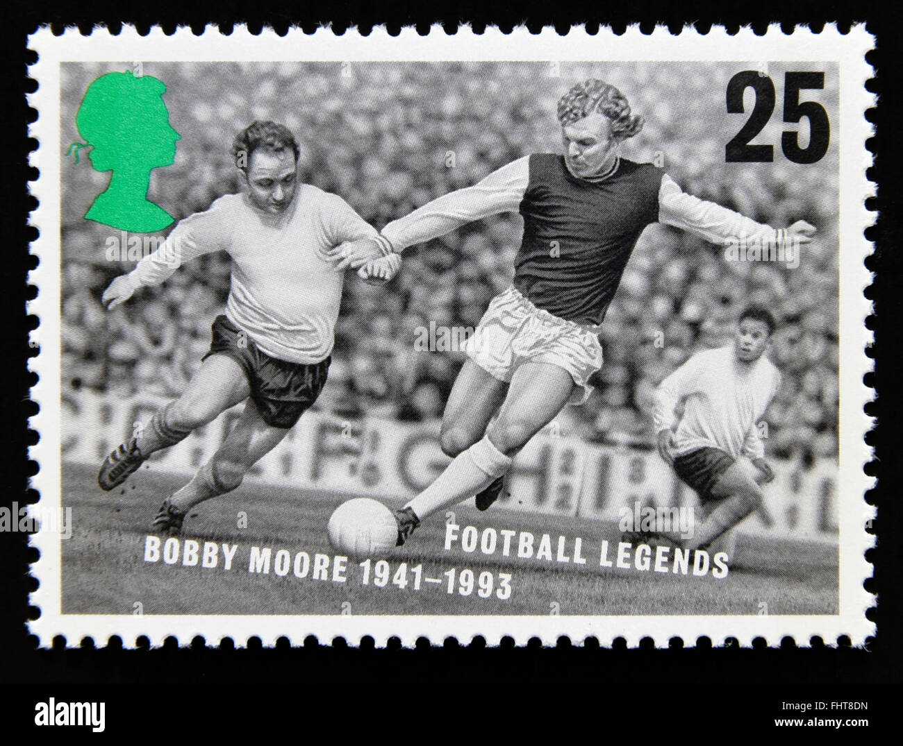 Postage stamp. Great Britain. Queen Elizabeth II. 1996. European Football Championships. Football Legends. Bobby Moore. 25p. Stock Photo