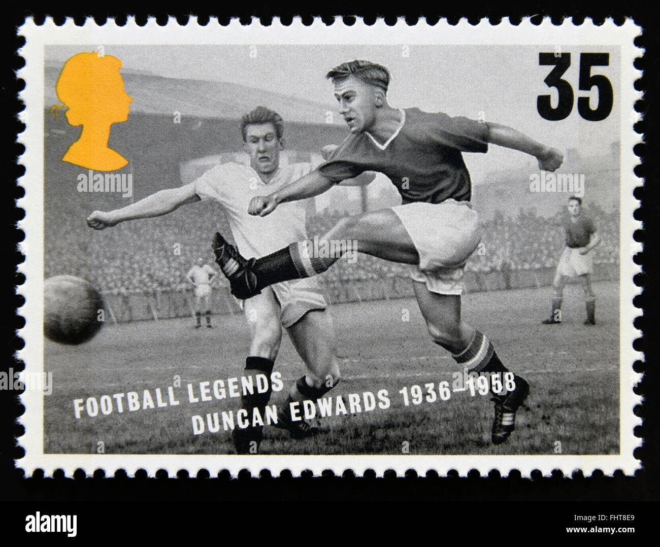 Postage stamp. Great Britain. Queen Elizabeth II. 1996. European Football Championships. Football Legends. Duncan Edwards. 35p. Stock Photo
