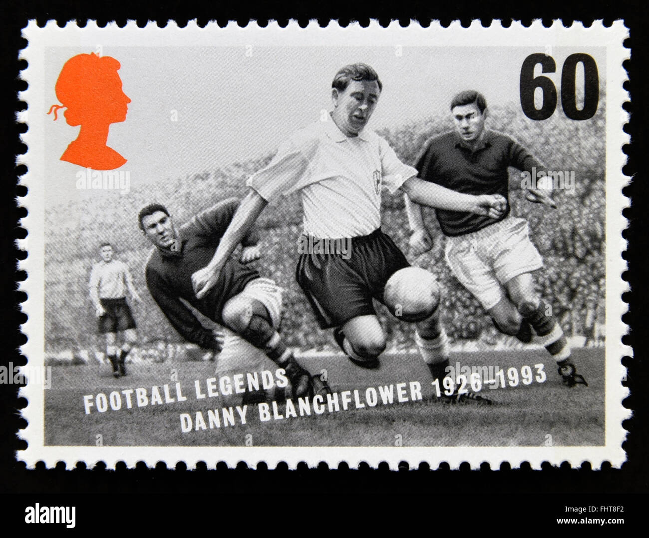 Postage stamp. Great Britain. Queen Elizabeth II. 1996. European Football Championships. Football Legends. Danny Blanchflower. Stock Photo