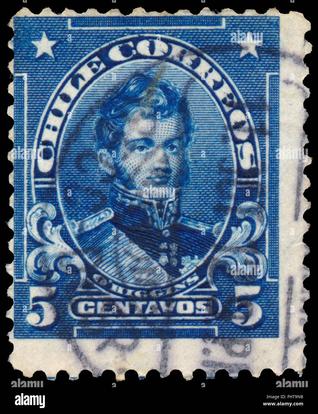BUDAPEST, HUNGARY - 14 october 2015: a stamp printed in Chile shows Bernardo O'Higgins - Chilean independence leader, circa 1911 Stock Photo