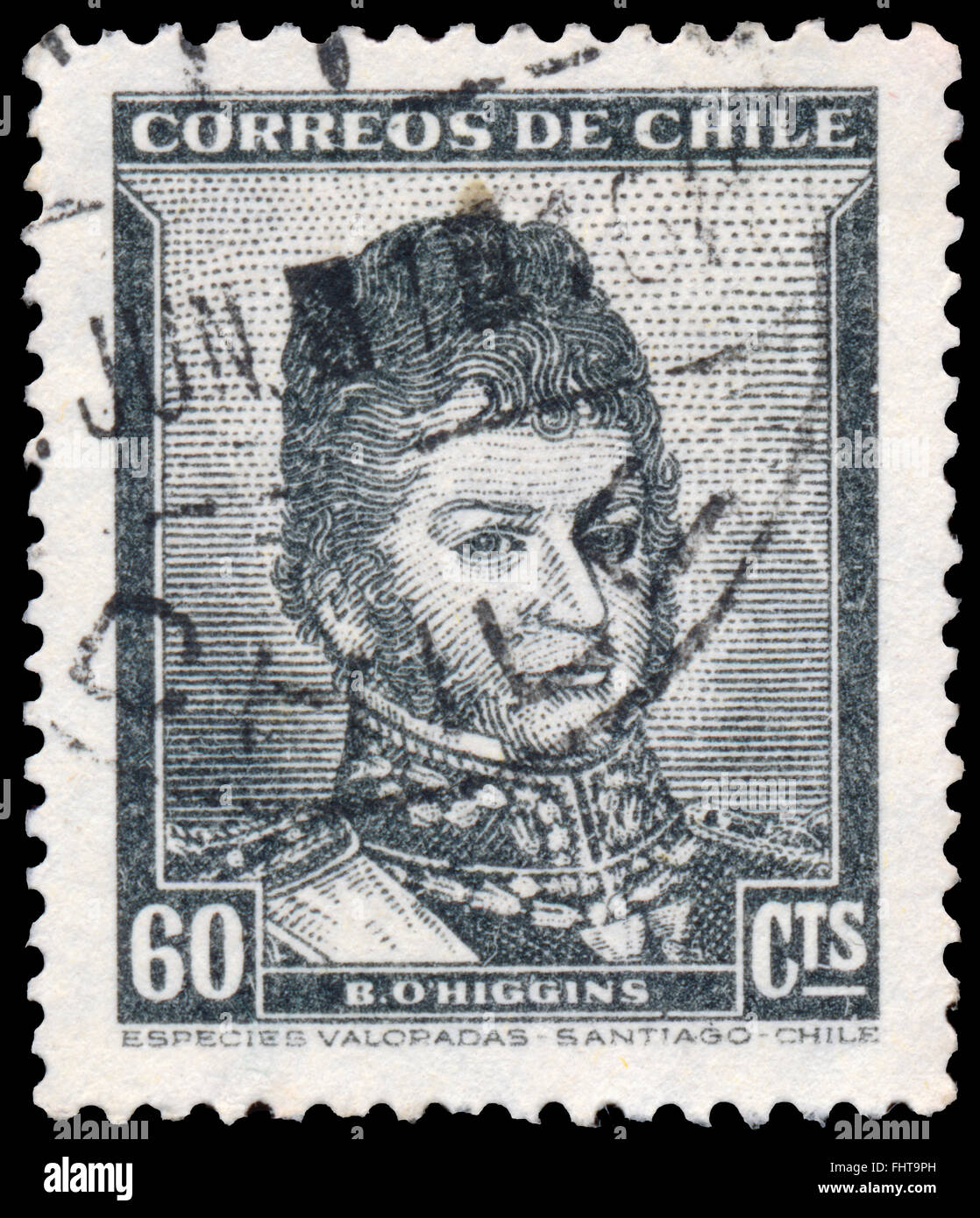 BUDAPEST, HUNGARY - 14 october 2015: a stamp printed in Chile shows Bernardo O'Higgins - Chilean independence leader, circa 1948 Stock Photo