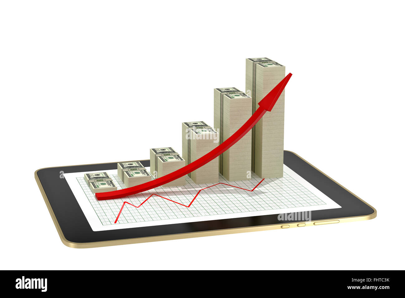 tablet - dollar bar graphs showing profit grow Stock Photo