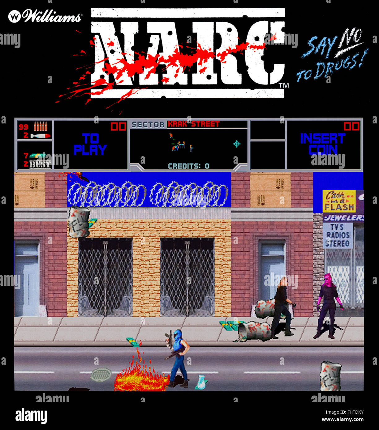 'Narc' arcade game produced by Williams in 1988 featuring the anti-drug slogan 'Say No to Drugs'. Image shown is a composite image showing gameplay and the arcade machine marque. Stock Photo