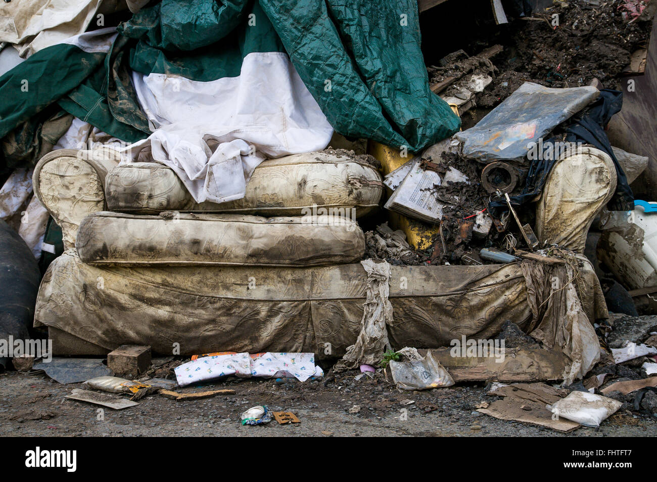 Flood damage in Radcliffe, Manchester. Destruction and damage caused by the Boxing Day floods in 2016 Stock Photo