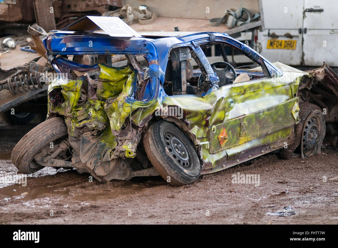 smashed up old car at demo derby destruction demolition derbies stock cars race races racing dent dents dented wreck wrecked cra Stock Photo