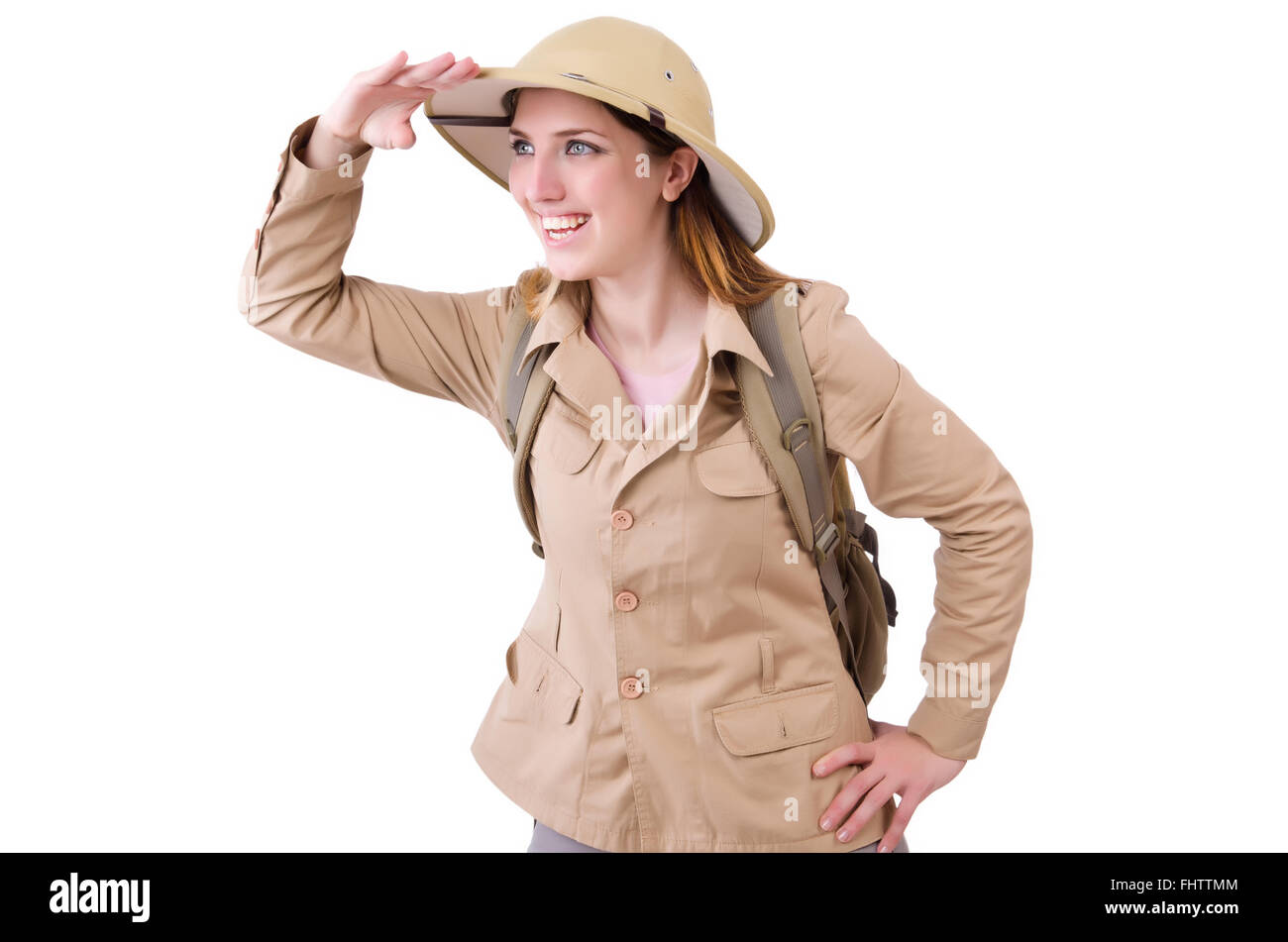 Woman wearing safari hat on white Stock Photo Alamy