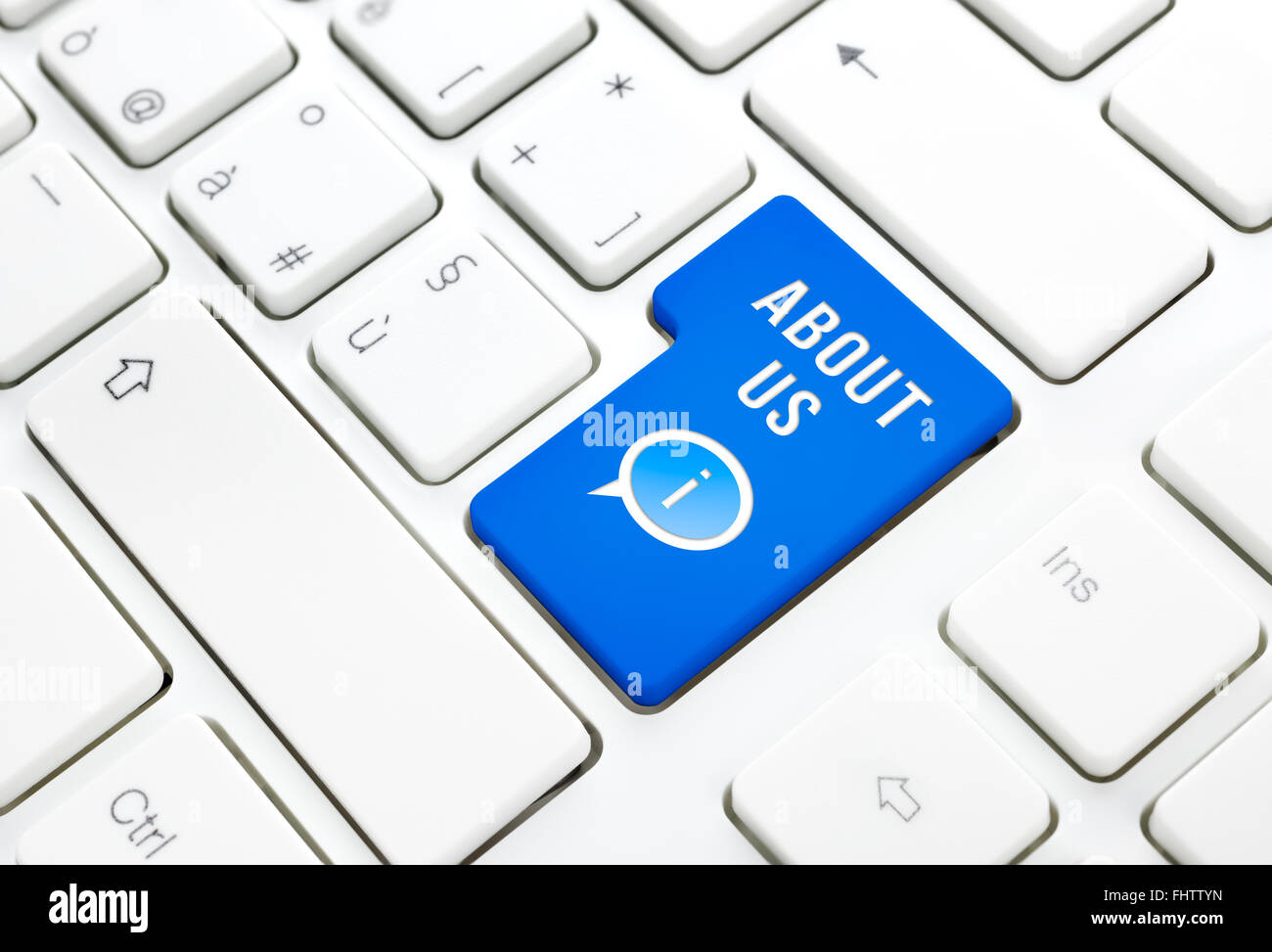 About us business concept, blue enter button or key on white keyboard Stock Photo