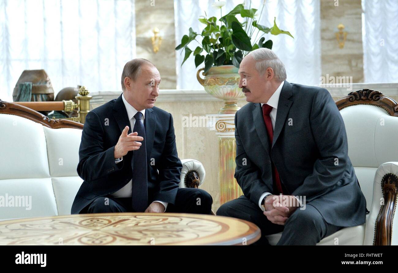 Russian President Vladimir Putin during a bilateral meeting with Belarus President Alexander Lukashenko at the Independence Palace February 25, 2016 in Minsk, Belarus. Lukashenko caused a stir on Russian social media when he confused Putin with Russian Prime Minister Dmitry Medvedev. Stock Photo