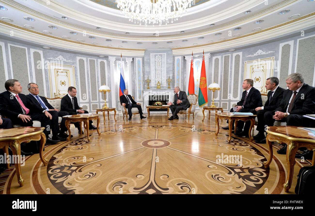 Russian President Vladimir Putin during a bilateral meeting with Belarus President Alexander Lukashenko at the Independence Palace February 25, 2016 in Minsk, Belarus. Lukashenko caused a stir on Russian social media when he confused Putin with Russian Prime Minister Dmitry Medvedev. Stock Photo