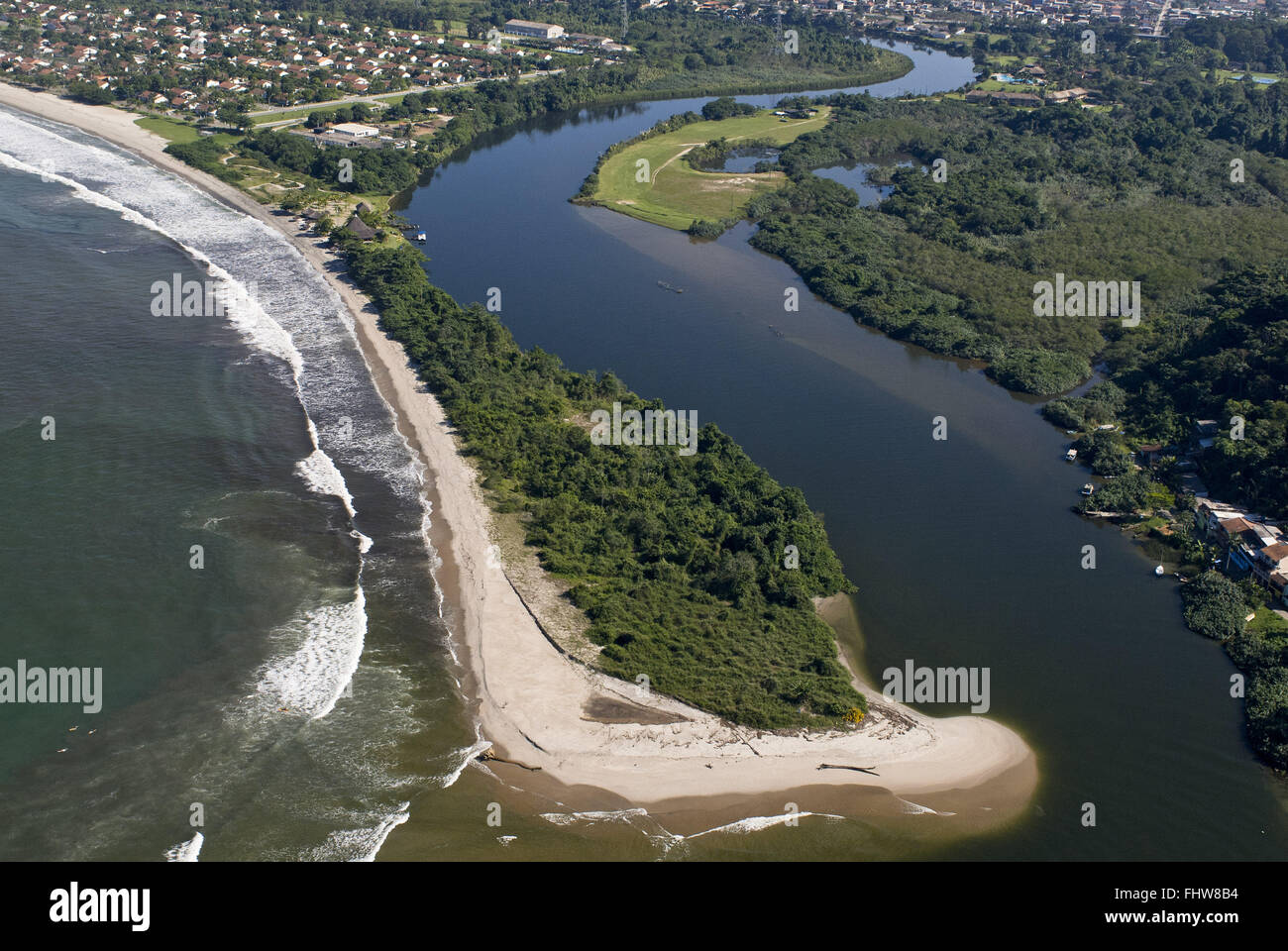 Aerial view of the river Mambucaba bar on the beach Mambucaba Stock Photo