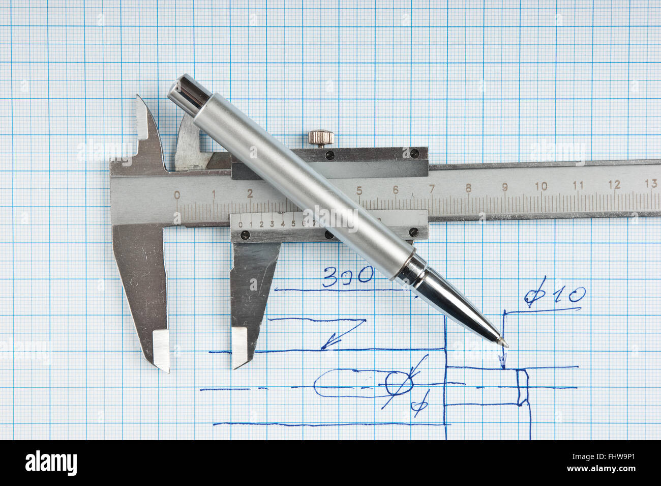Technical drawing and callipers with  pen Stock Photo